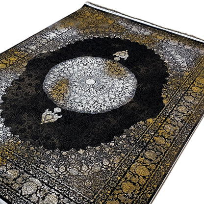 Close-up of an Oriental rug: round medallion with delicate silver patterns, gold accents