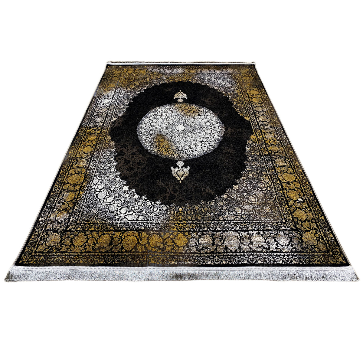 Oriental rug 170x240 cm, overhead view: black central area, silver ornaments, fringes