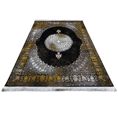 Oriental rug 170x240 cm, overhead view: black central area, silver ornaments, fringes