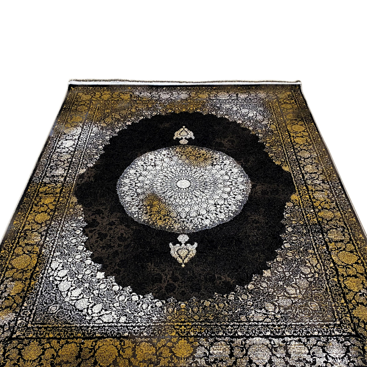 Oriental rug 170x240 cm front view: black circle, silver texture, gold decorative elements