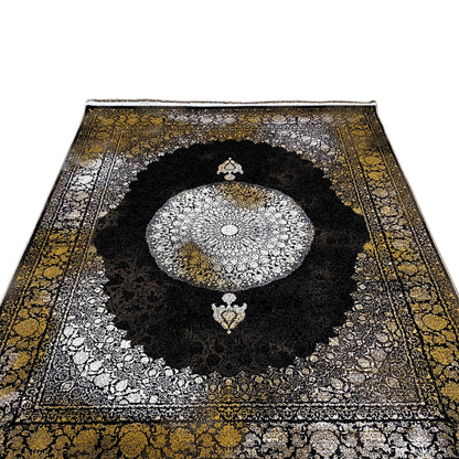 Oriental rug 170x240 cm front view: black circle, silver texture, gold decorative elements