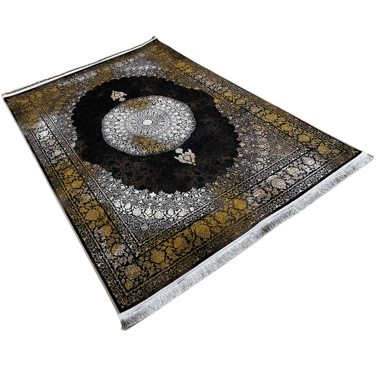 Oriental rug 170x240 cm, angled: black inner circle with a silver medallion and gold border