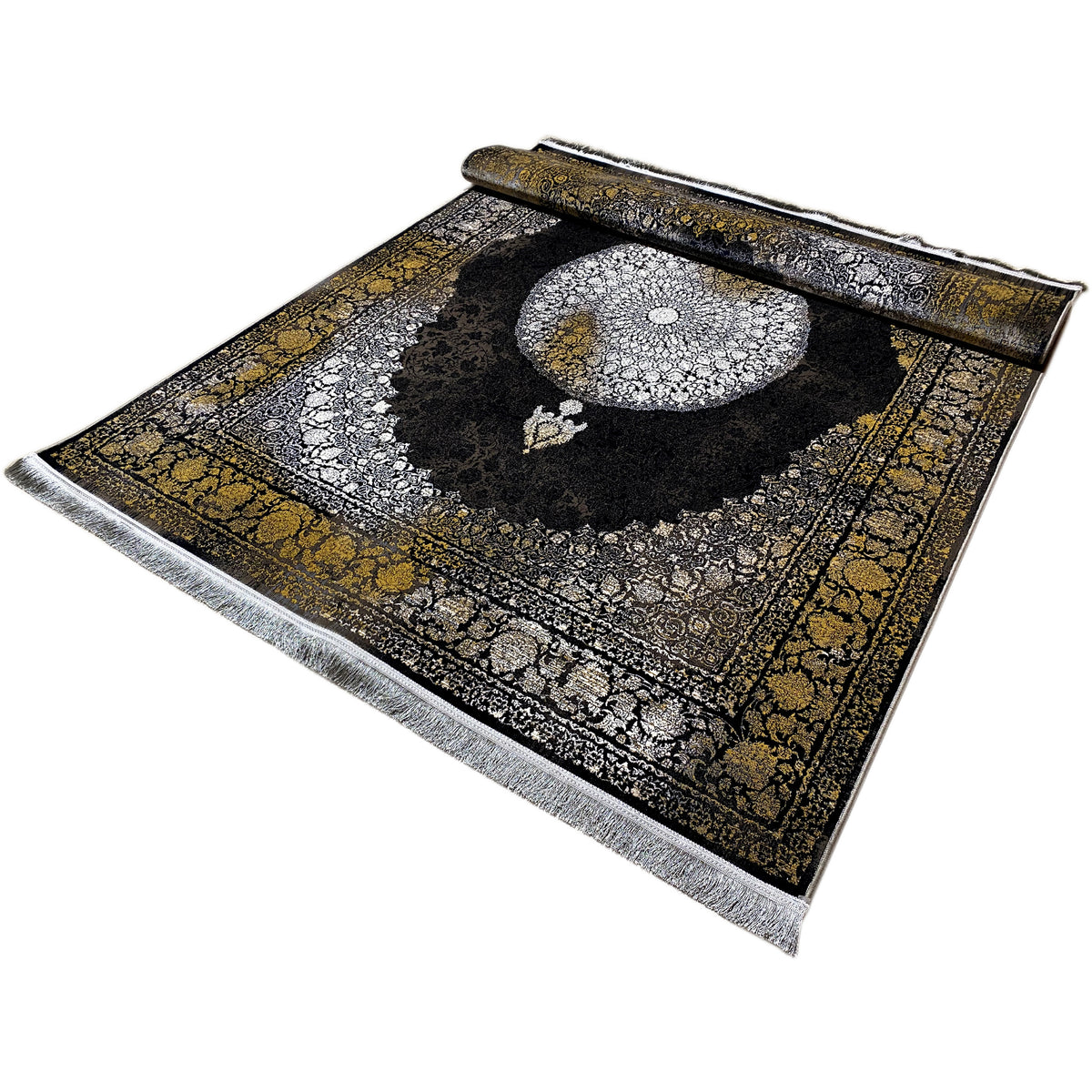 Oriental rug 170x240 cm viewed at an angle: black center, silver-gold embellishments