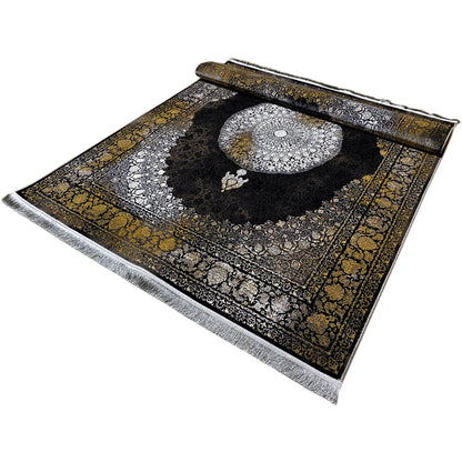 Oriental rug 170x240 cm viewed at an angle: black center, silver-gold embellishments