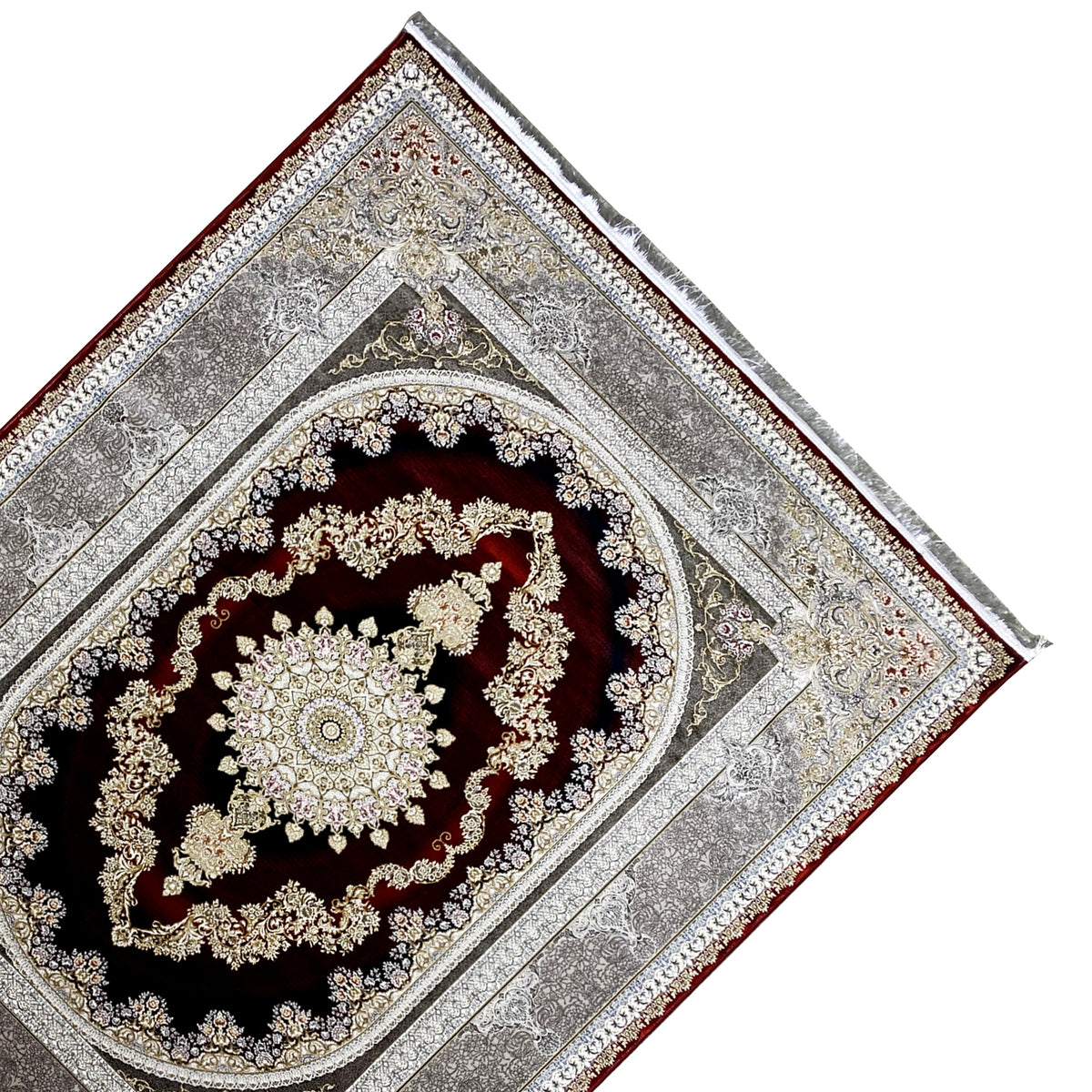 Red-and-silver rug with an oval ornamental medallion, black and gold decorative lines.