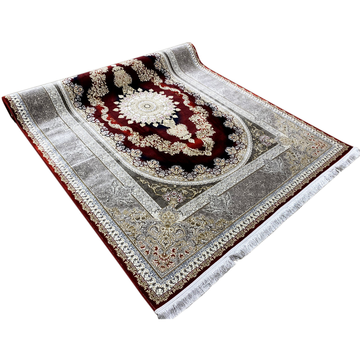 Square oriental rug 170x240 cm with a red central area and silver stripes