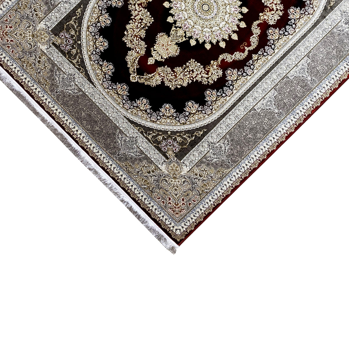 Red and silver carpet, close-up of the border with ornaments and a black-and-gold center.