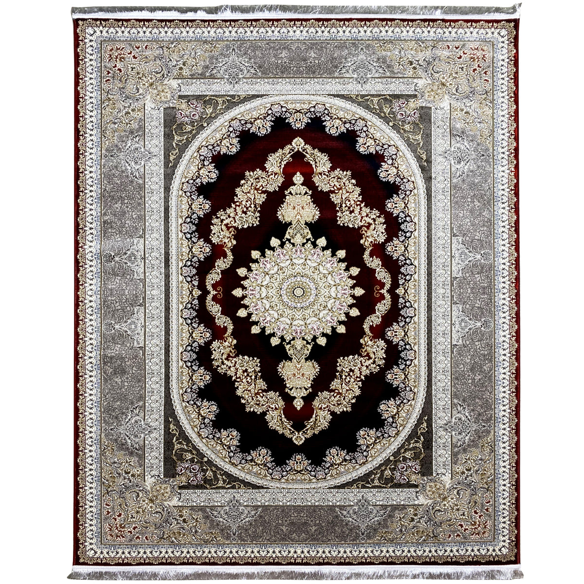 Red-and-silver rug 170x240 cm with a central medallion, black, red, and gold embellishments.
