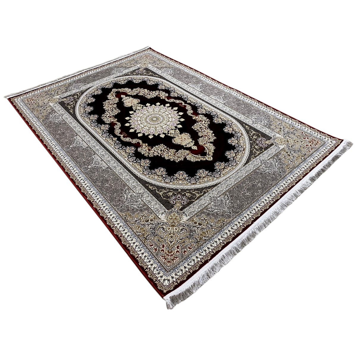 Red and silver carpet with a silver border design and a black-and-gold decorative medallion.