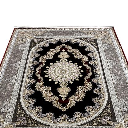 Red-and-silver carpet: close-up of the medallion with gold ornaments on a black background.