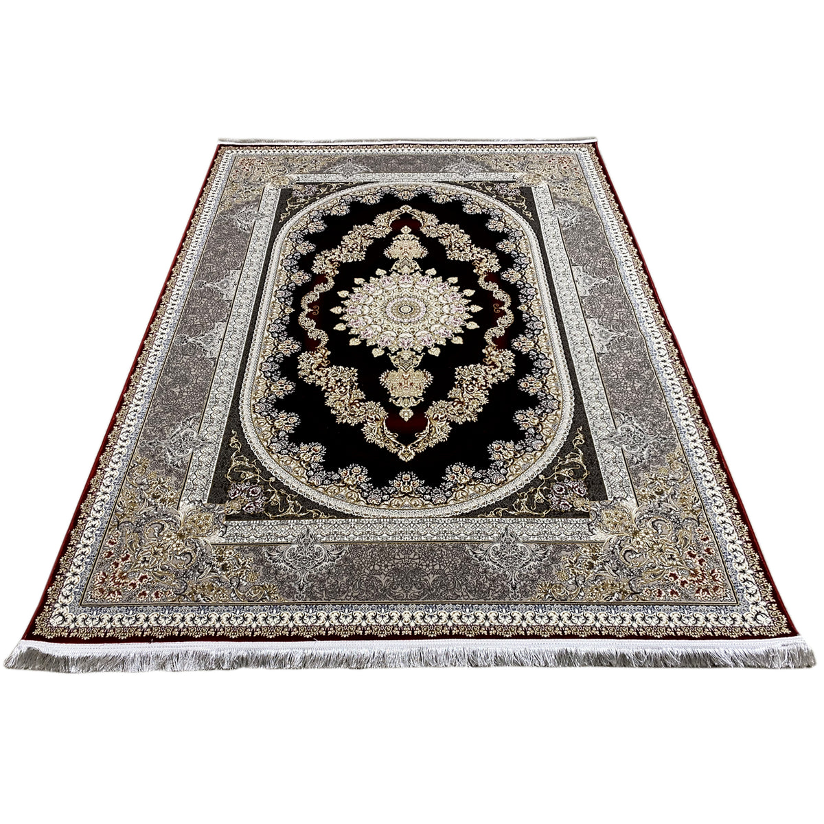 Red and silver rug with large framed ornaments, central medallion in black and gold.