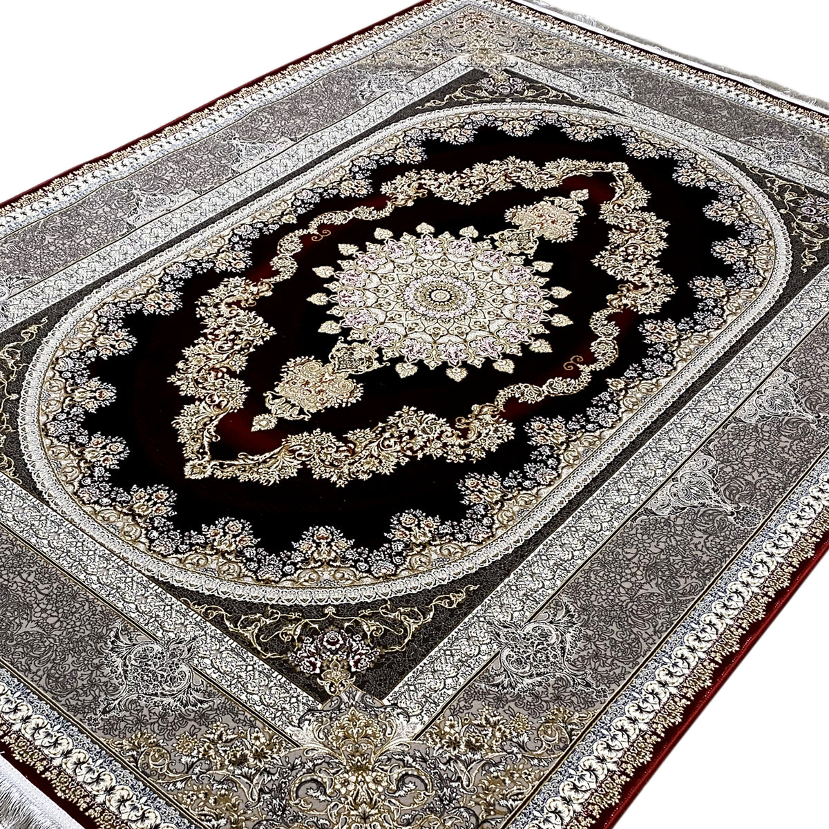 Red and silver carpet with an oval center, golden vines, and silver lines in the border.