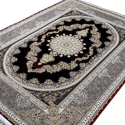 Red and silver carpet with an oval center, golden vines, and silver lines in the border.