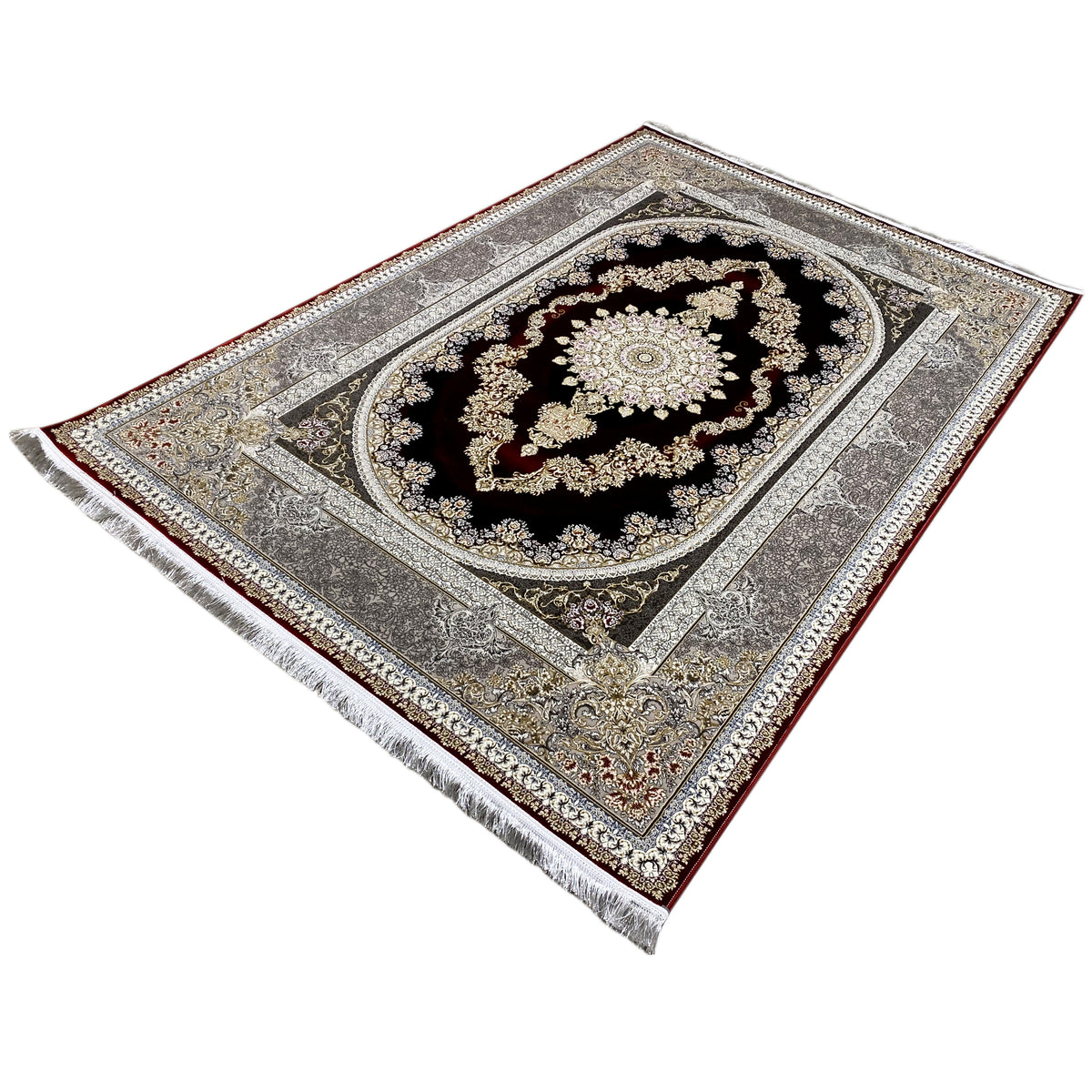 Red and silver rug with a round medallion, black background, and gold ornaments.