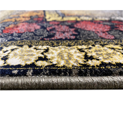 Carpet detail 170x240 cm: silver fringe border and dense pile in dark blue, with gold ornaments
