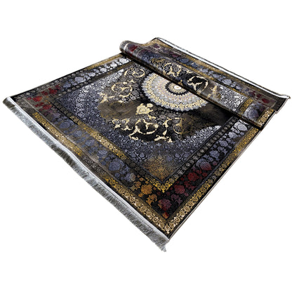 Rug 170x240 cm, angled view: dark ornamental design with medallion, golden decorative border, fringes