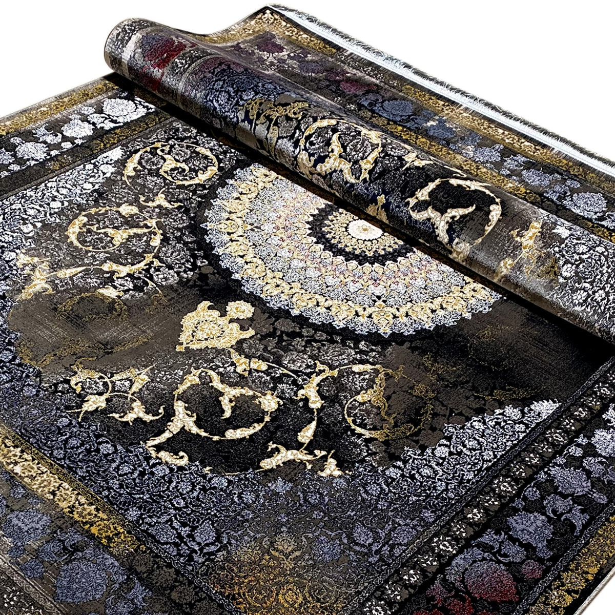 Oriental rug in dark gray/black with golden ornaments, rolled out, 170x240 cm