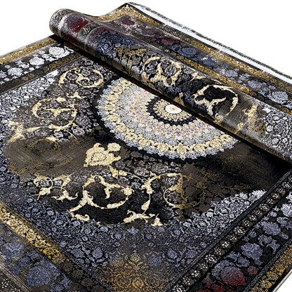 Oriental rug in dark gray/black with golden ornaments, rolled out, 170x240 cm