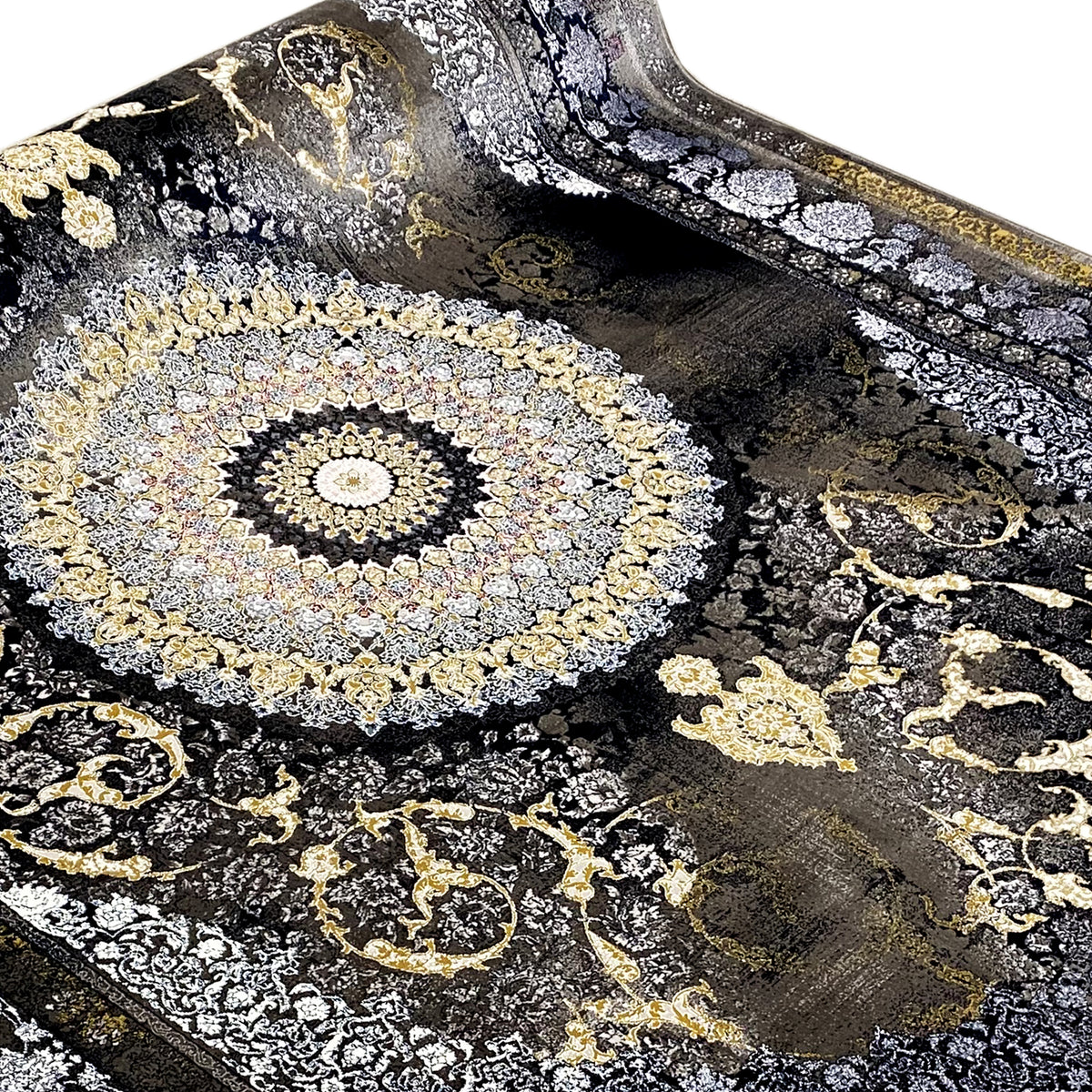 Oriental rug 170x240cm close-up: round gold medallion on a dark background