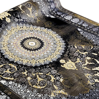 Oriental rug 170x240cm close-up: round gold medallion on a dark background