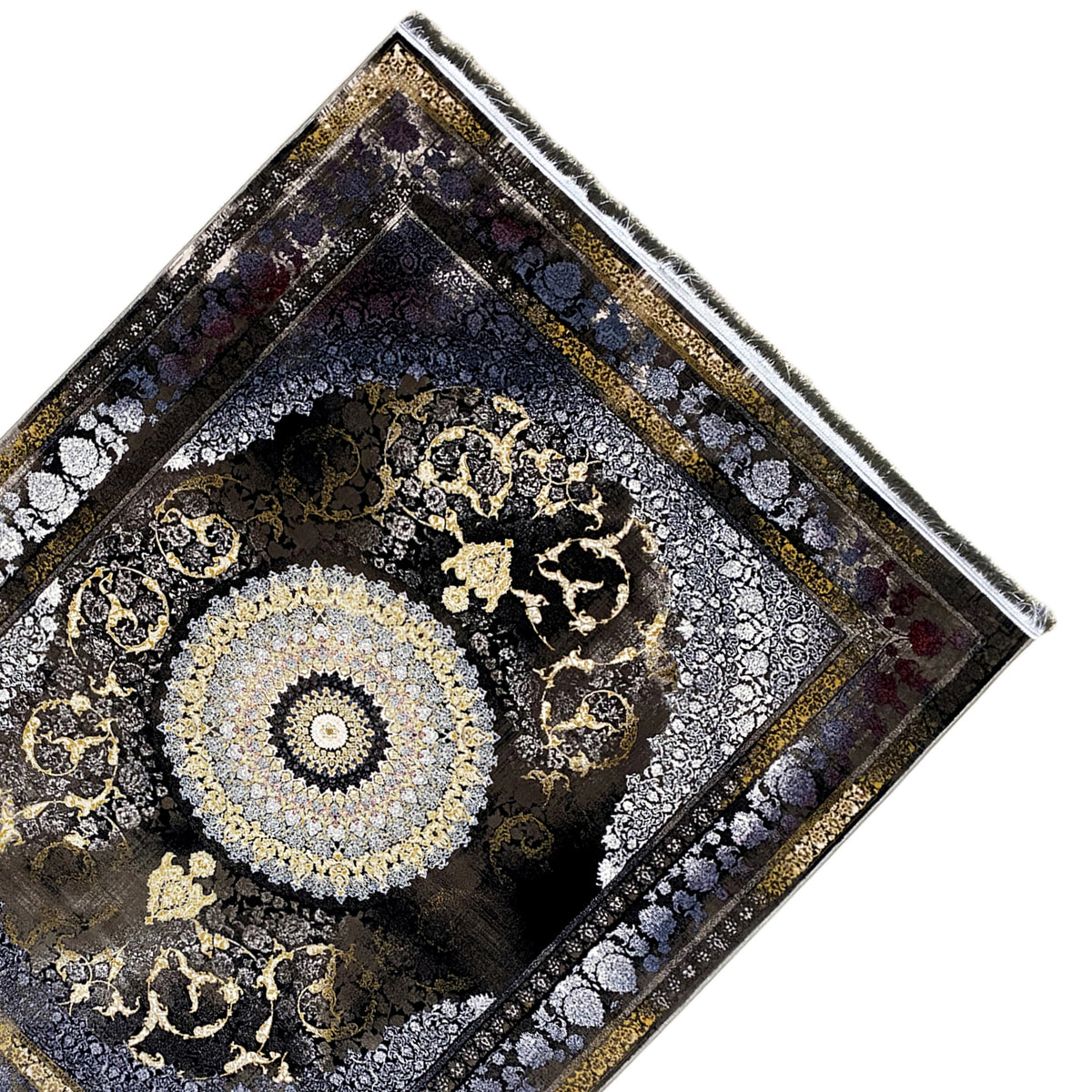 Rug 170x240 cm, photographed rotated: dark ornamental design with a round medallion, hem