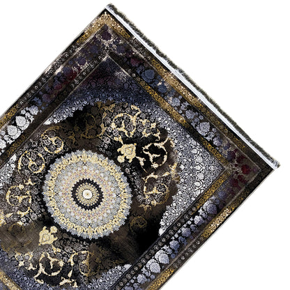 Rug 170x240 cm, photographed rotated: dark ornamental design with a round medallion, hem