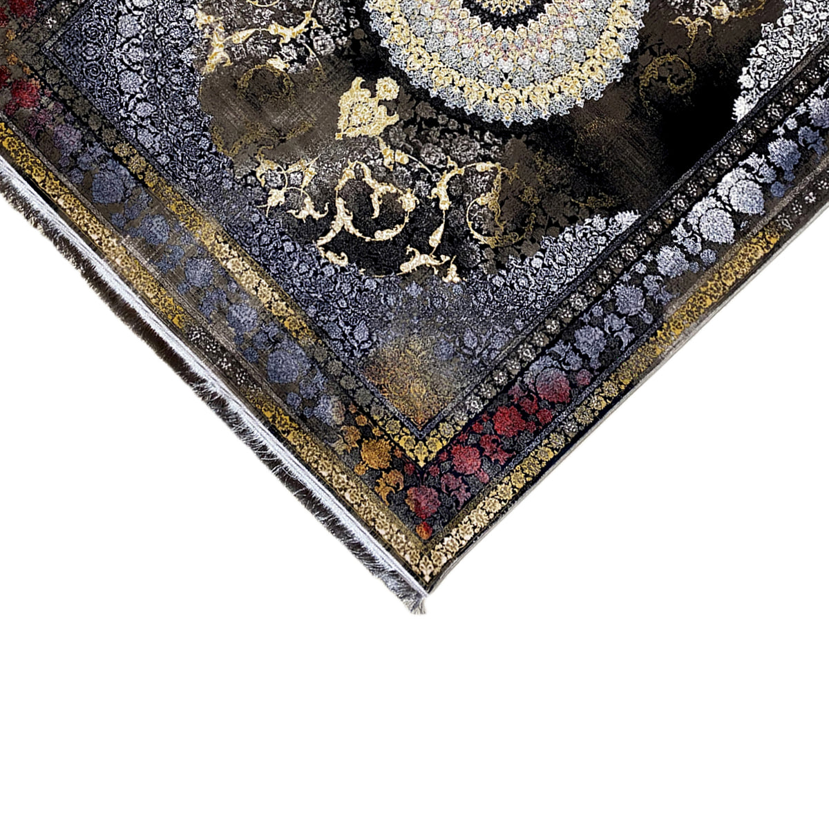 Woven rug 170x240 cm with decorative edging, a dark background, and gold patterns