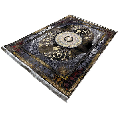 Rug 170x240 cm: square patterned field with circular ornament, dark tones, silver fringed edge