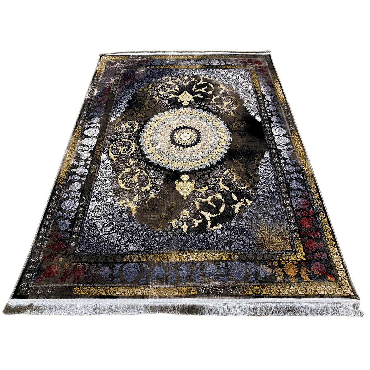 Rug 170x240 cm rolled-up view: dark ornamental field, golden accents, silver trim