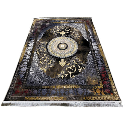 Rug 170x240 cm rolled-up view: dark ornamental field, golden accents, silver trim