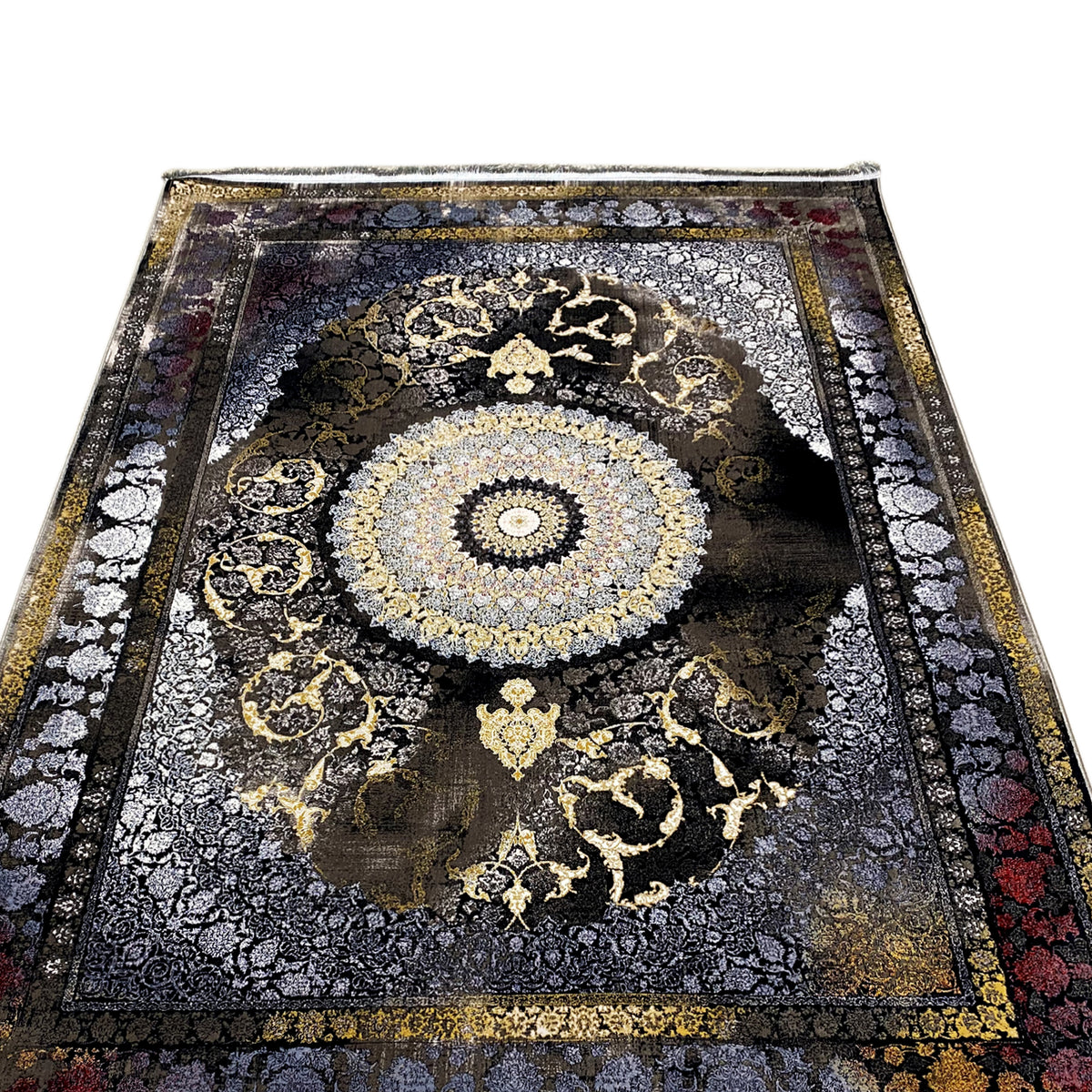 Rug 170x240 cm: central medallion with gold ornaments, dark blue patterned border