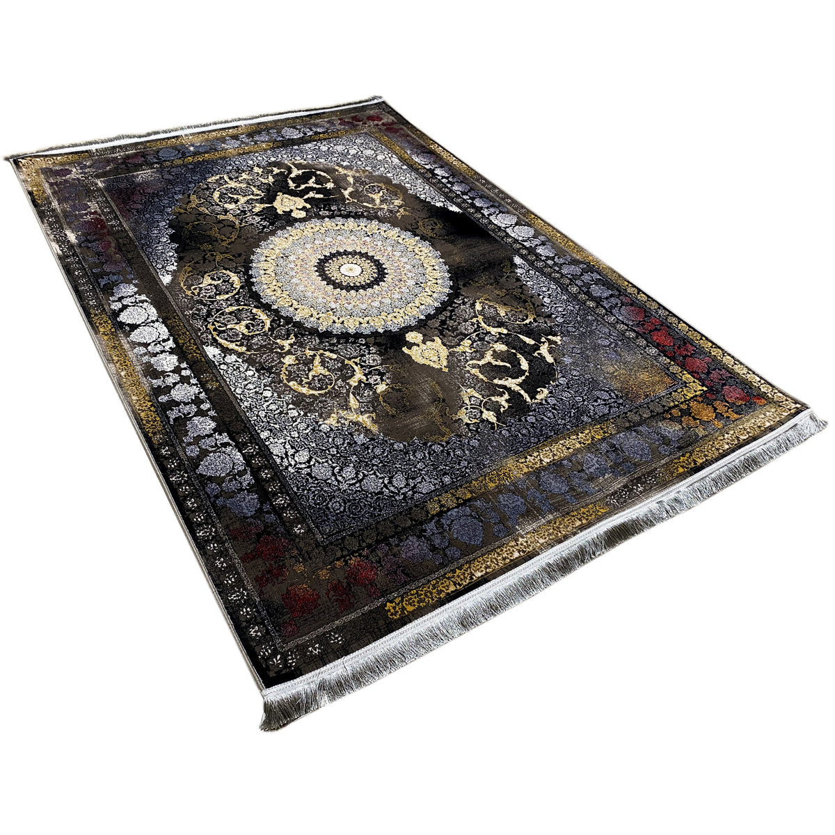Rug 170x240 cm, angled view from above: dark patterned field with a round medallion and fringes