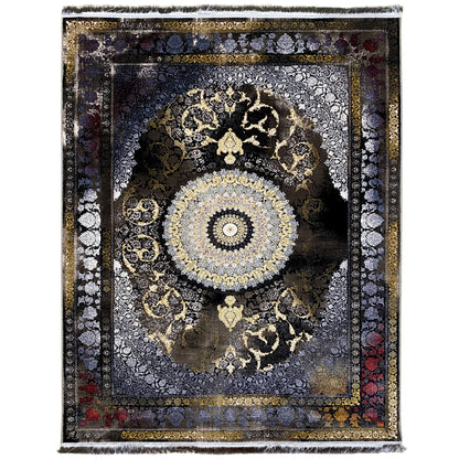 Rug 170x240 cm with ornamental medallion in dark blue, gold and silver, rectangular with bound edges