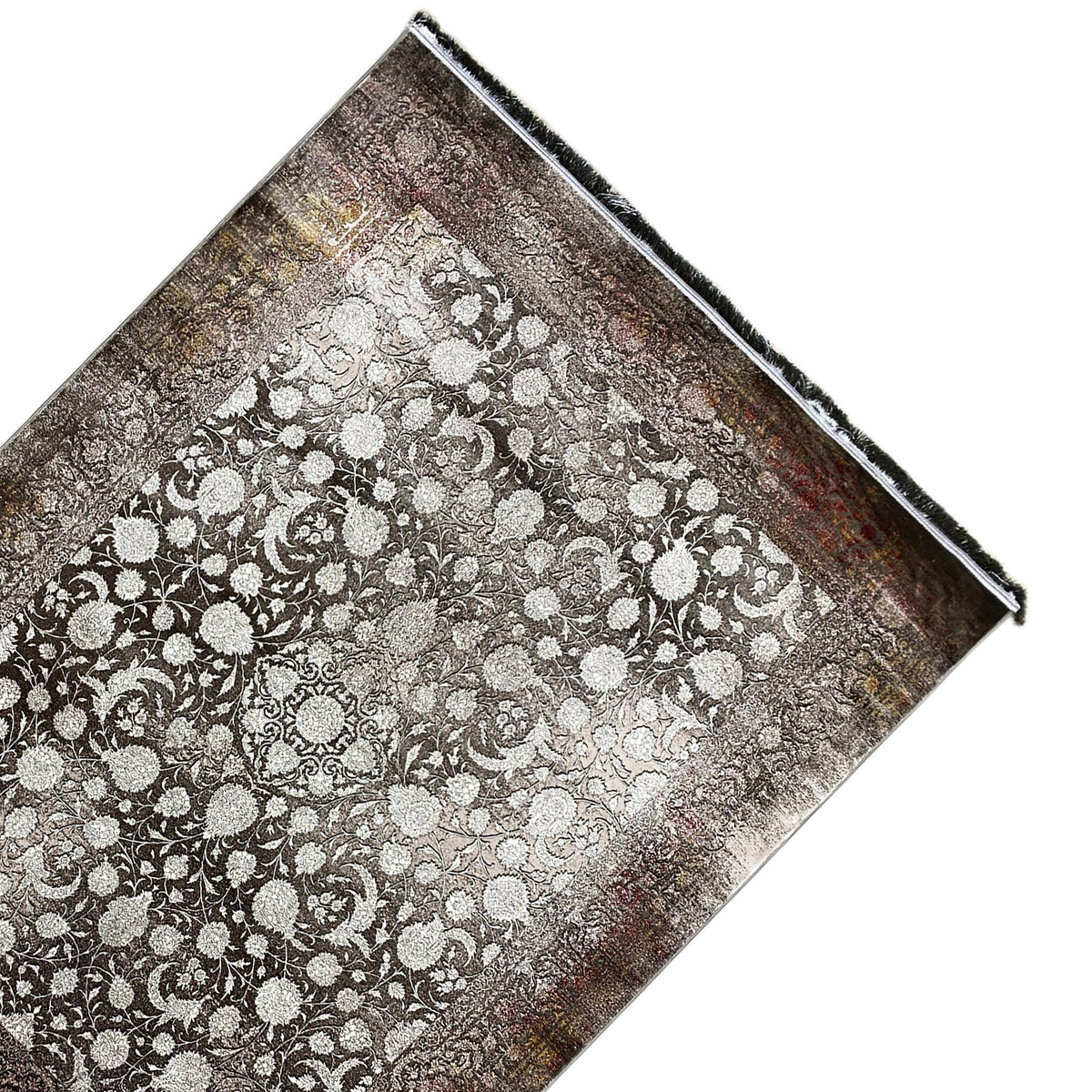 Rug 170x240 cm, laid diagonally, dark brown floral pattern with light accents, fringes