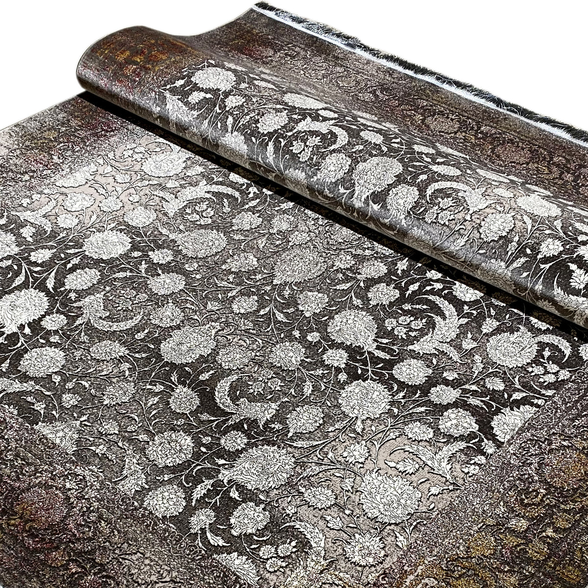 Velvet rug 170x240 cm with a silver floral ornamental pattern and dark base color