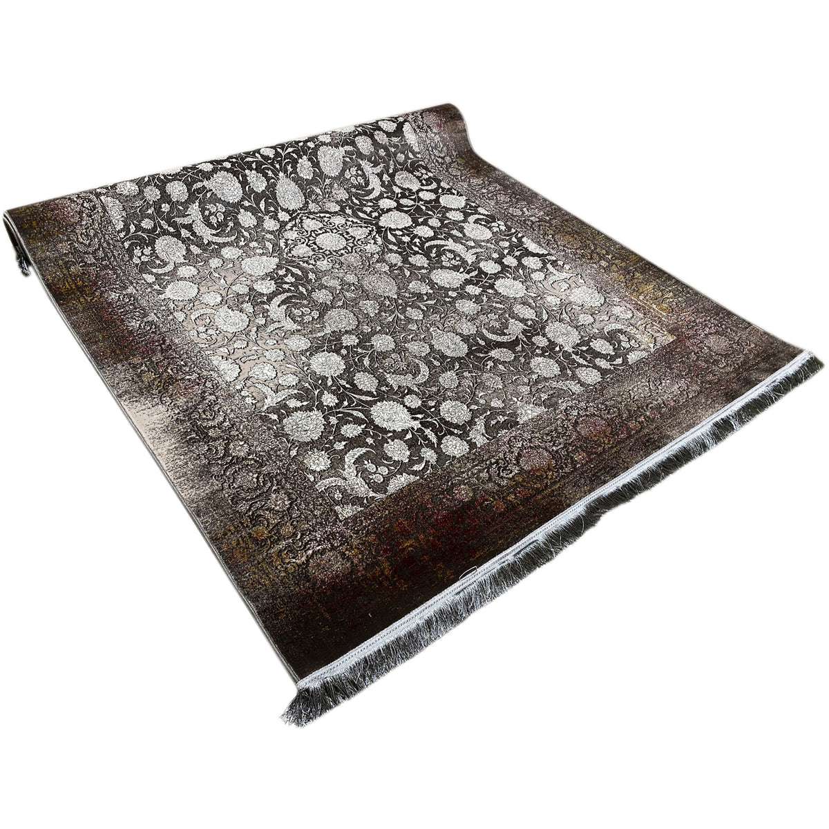 Velour rug 170x240 cm with a silver floral pattern and fringes