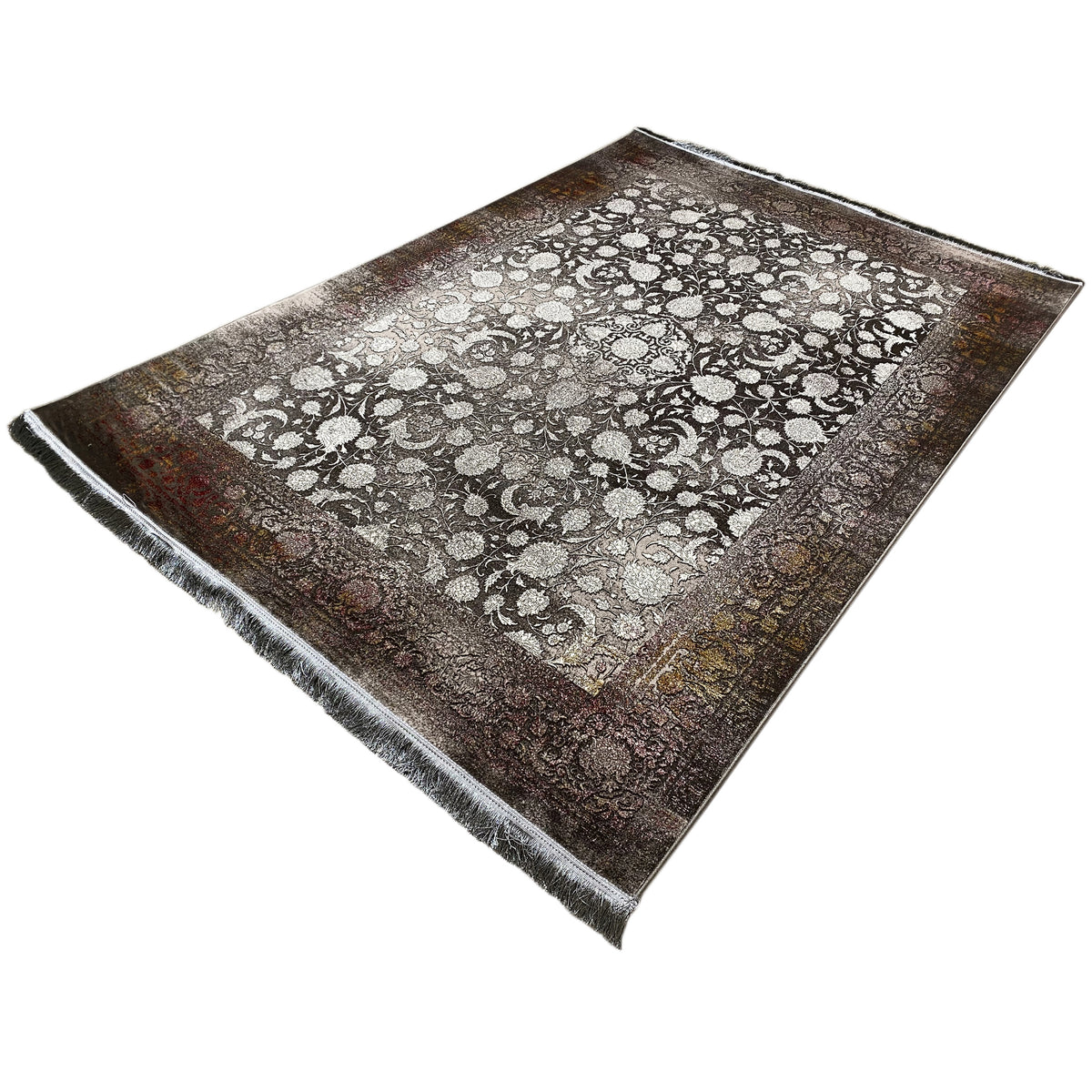 Rug 170x240 cm laid flat, dark brown border, light patterned field, fringes