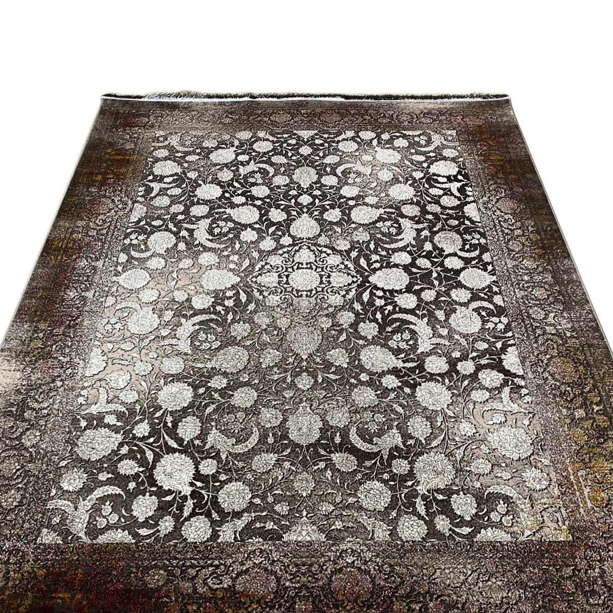 Rug 170x240 cm, front view, dark pattern with light circles and vines, fringes