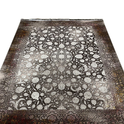 Rug 170x240 cm, front view, dark pattern with light circles and vines, fringes