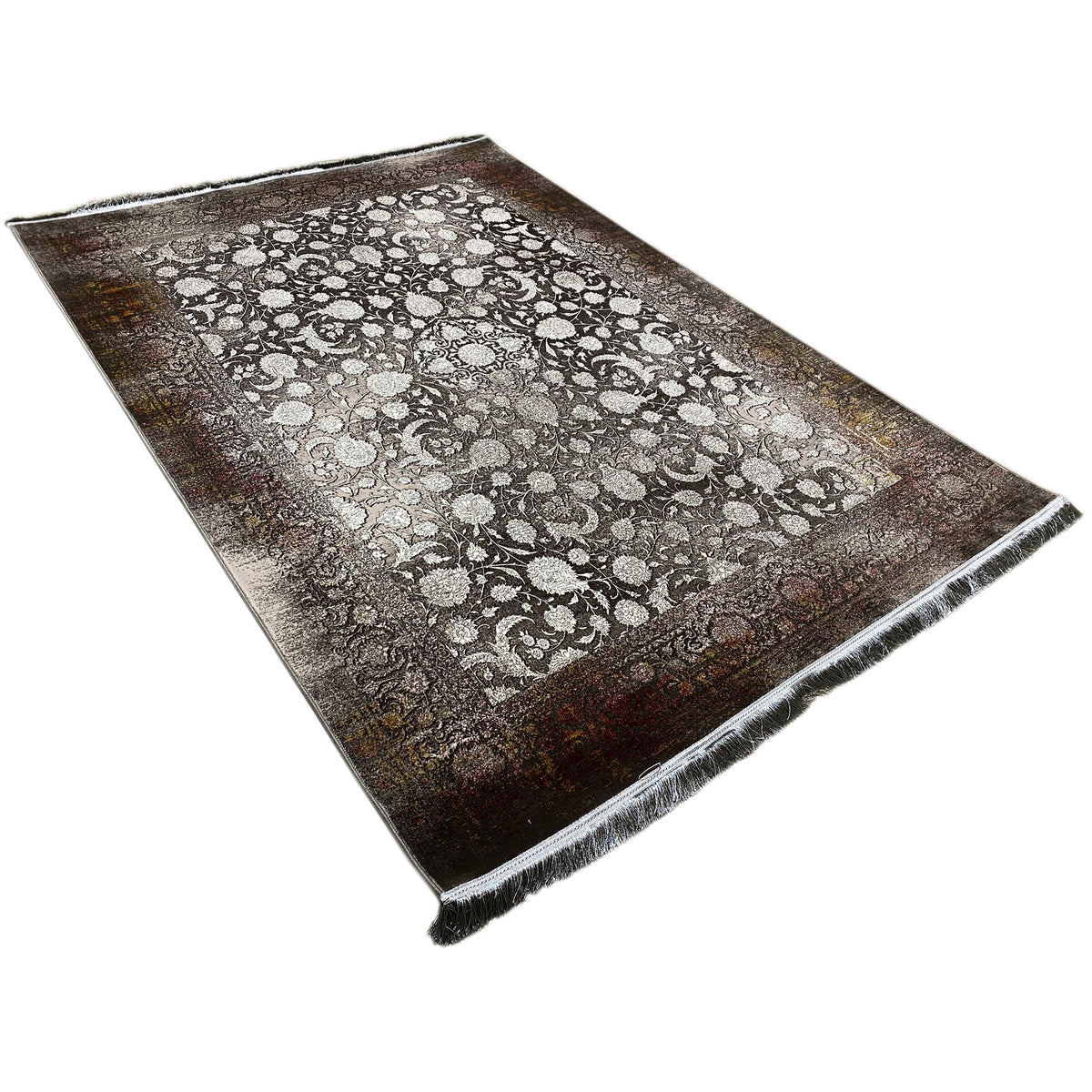 Rug 170x240 cm, spread diagonally, light floral pattern on dark brown, fringes