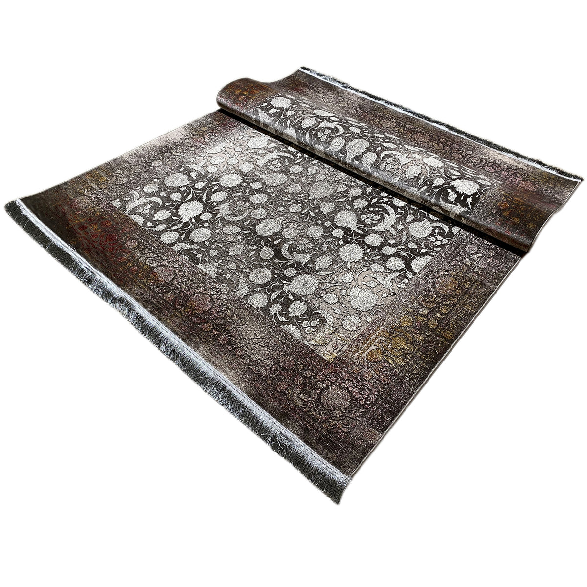 Rug 170x240 cm with a matching rolled strip on top, floral pattern, fringes