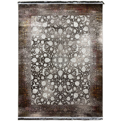 Rug 170x240 cm with a floral medallion pattern in dark brown and light beige, fringes
