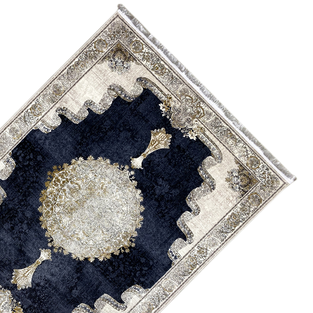 Carpet 170x240 cm diagonal, dark blue-silver with decorative trim and a large round ornament