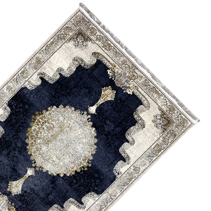Carpet 170x240 cm diagonal, dark blue-silver with decorative trim and a large round ornament