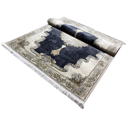 Rug 170x240 cm rear/side view: rolled edge, dark blue-silver with fringes