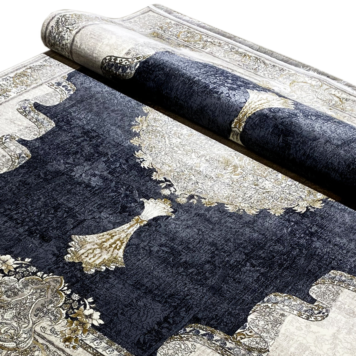 Rectangular rug with dark blue, golden ornaments, and a light patchwork design