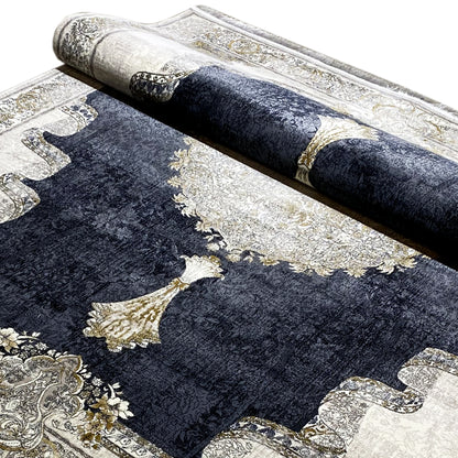 Rectangular rug with dark blue, golden ornaments, and a light patchwork design