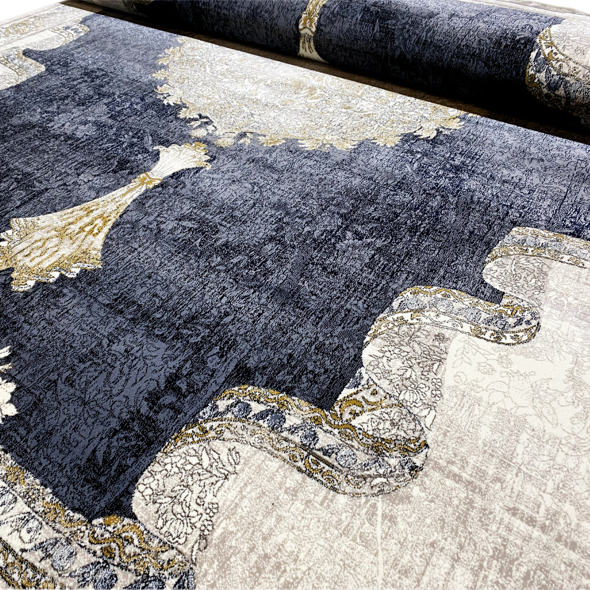 Rectangular rug: dark blue background with gold accents, light patterns and vines