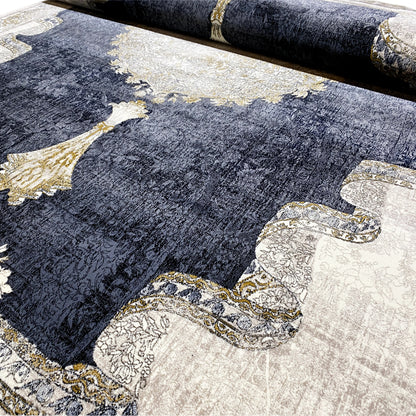Rectangular rug: dark blue background with gold accents, light patterns and vines