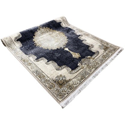 Rectangular rug with a border in light beige, dark blue, and golden decorative elements